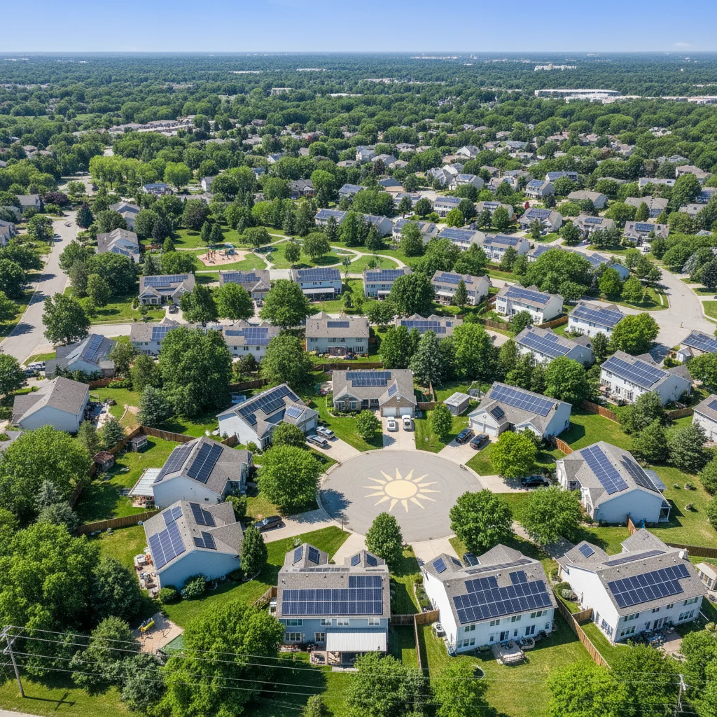 Aerial view of a neighborhood with multiple homes featuring solar panel installations.