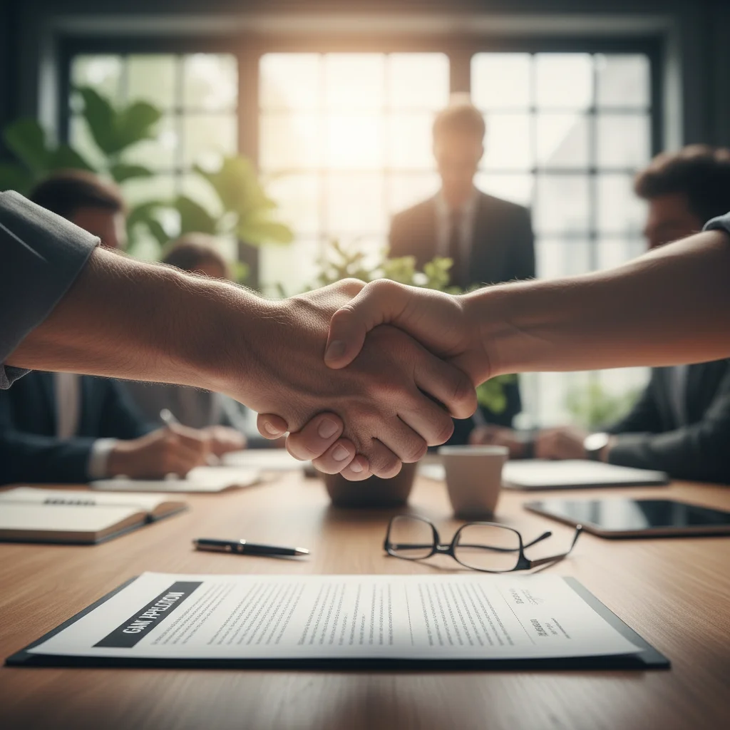 Hands shaking over a partnership agreement, symbolizing successful collaboration and resource acquisition.