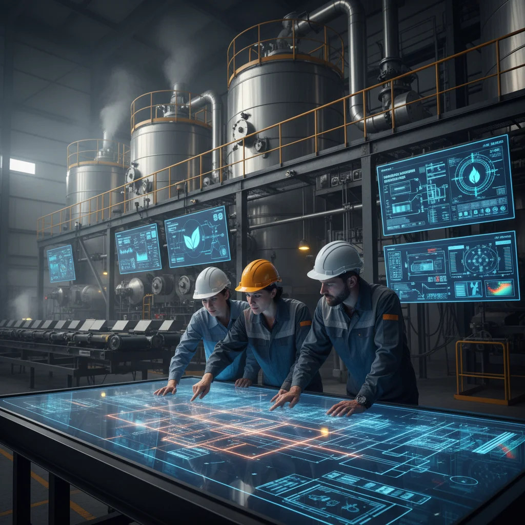 Engineers inspecting advanced pyrolysis reactor designs for waste conversion.