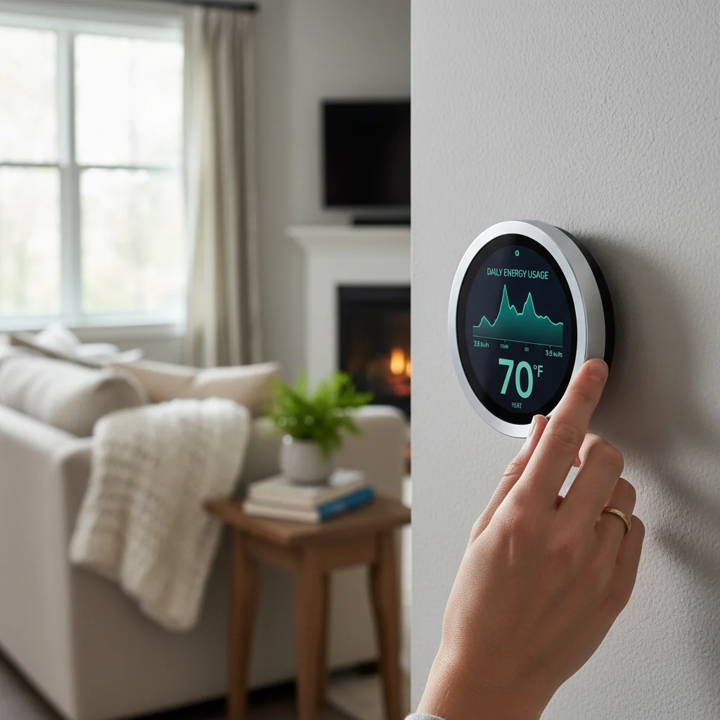 Hand adjusting a smart thermostat displaying energy usage for home efficiency.