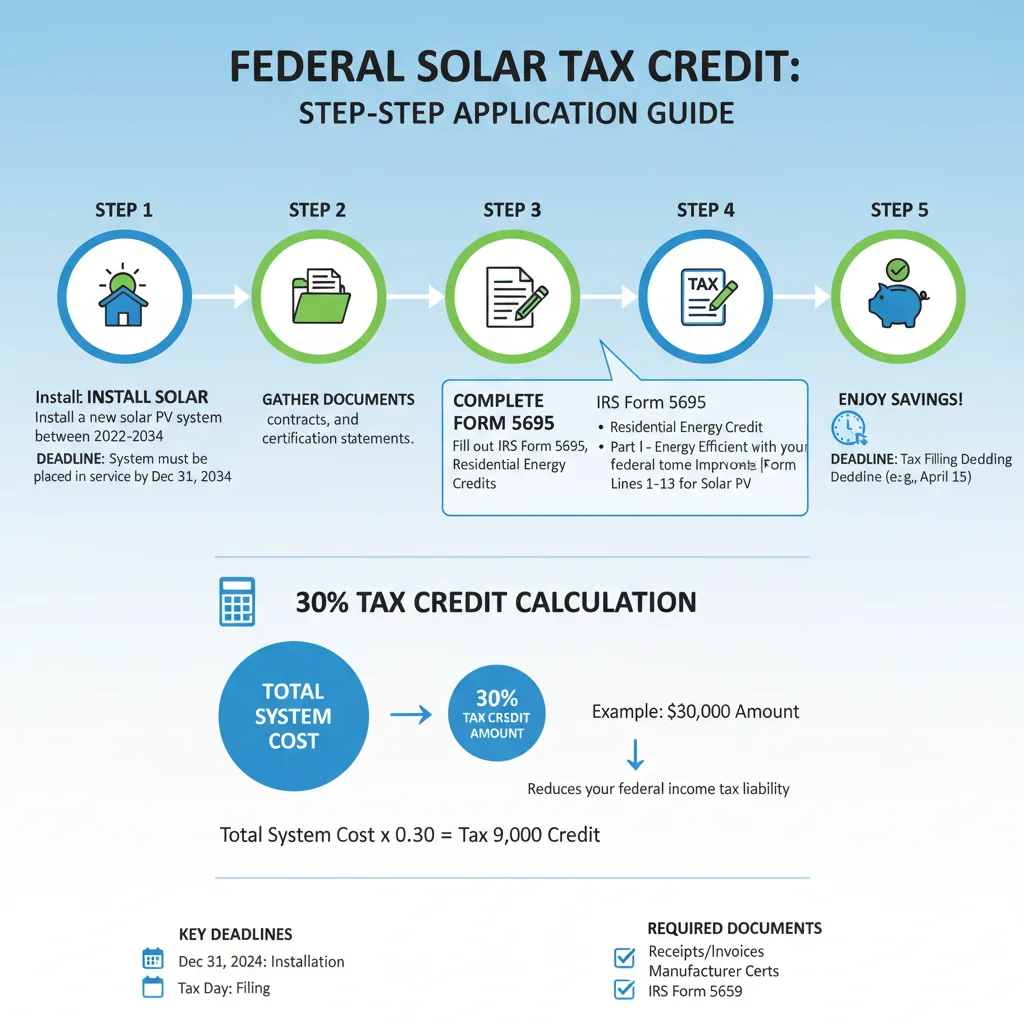 Infographic detailing federal solar tax credit application steps and 30% savings.