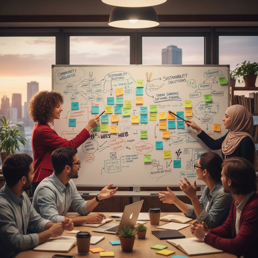 Team brainstorming with sticky notes on a whiteboard, showcasing strategic planning for community projects.