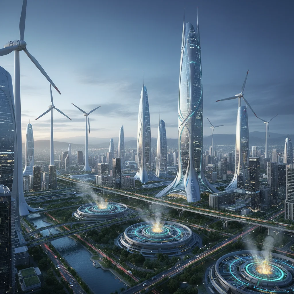 Sustainable urban development powered by wind and geothermal energy.